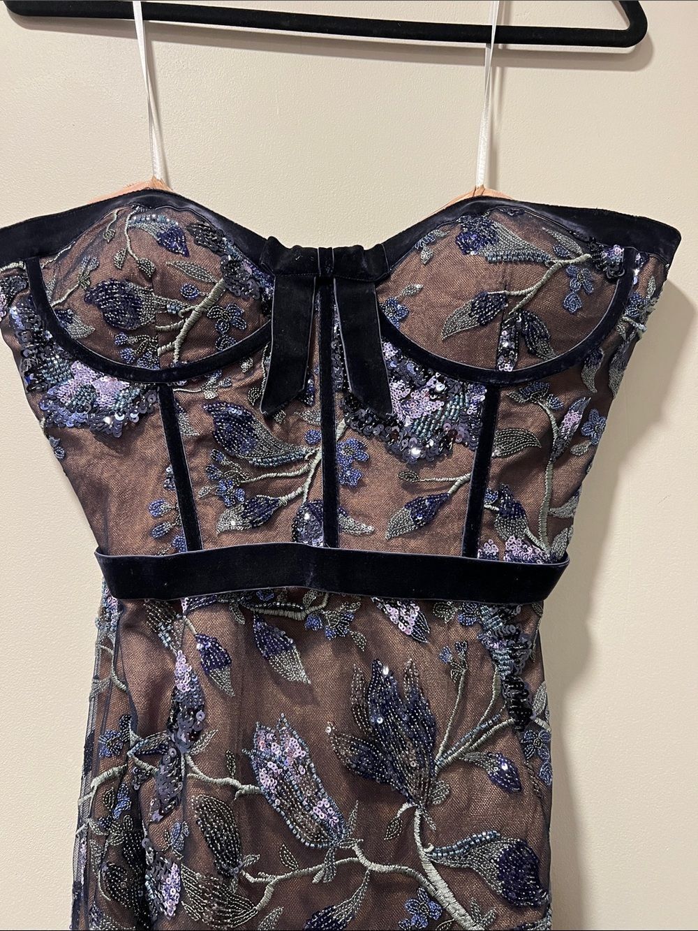 Marchesa Climbing Vines Midi Dress Crystal Ocean Strapless Sequin Embroidery - Picture 7 of 16